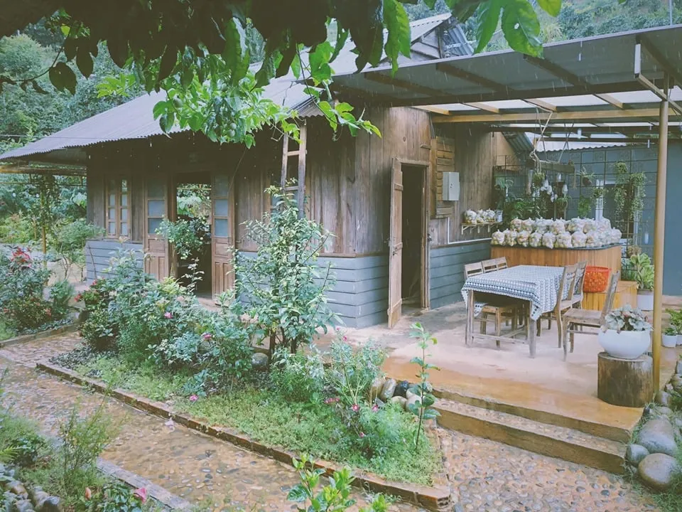 Alt: Bàn ghế gỗ ngoài trời tại Mộc Trà Farm Đà Lạt, nhìn ra đồi chè và hồ nước phía xa