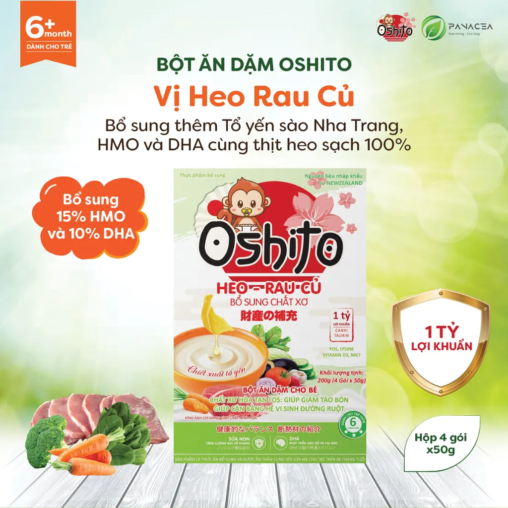 alt text: Bột ăn dặm Oshito vị heo rau củ với hình ảnh minh họa chú heo ngộ nghĩnh.