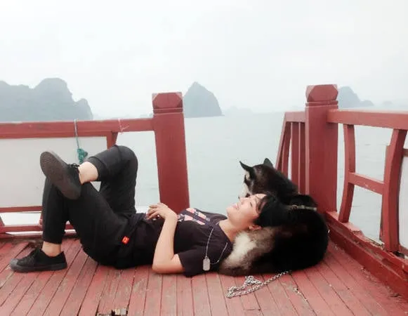 alt text: Cô gái và chú chó Husky trên đỉnh núi