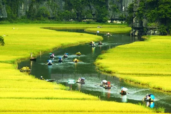 Alt text: Du khách tham quan hang động tại Tràng An, Ninh Bình. Hang động rộng lớn với những nhũ đá đa dạng hình thù, tạo nên cảnh quan kỳ vĩ, huyền ảo.
