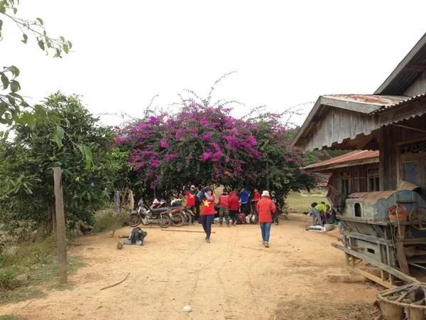 alt text: Đường vào rừng Tà Năng bằng xe máy, đường đất đỏ uốn lượn quanh co giữa những hàng cây xanh mướt.