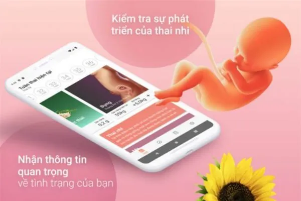 alt text: Hình ảnh người mẹ đang xem điện thoại với ứng dụng theo dõi thai kỳ