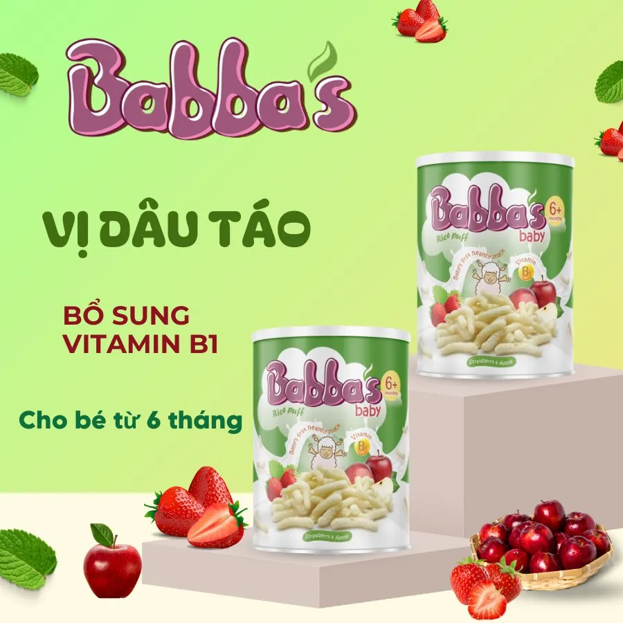 Alt text: Hộp bánh gạo Babba's Baby vị dâu táo