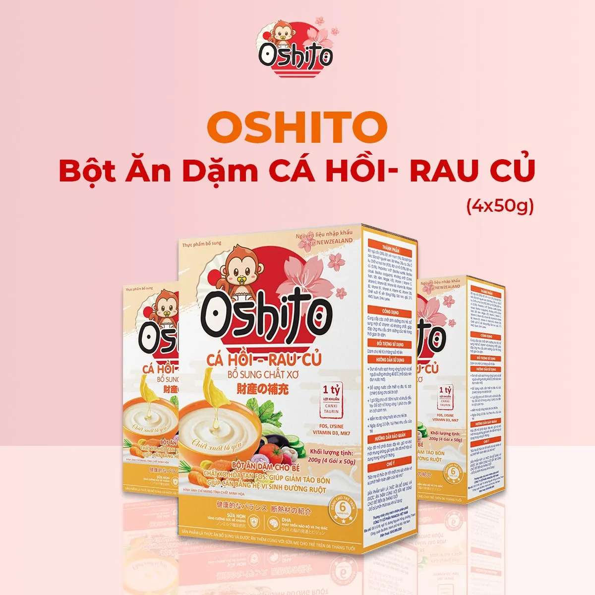 alt text: Hộp bột ăn dặm Oshito vị cá hồi rau củ với hình ảnh minh họa cá hồi tươi ngon.