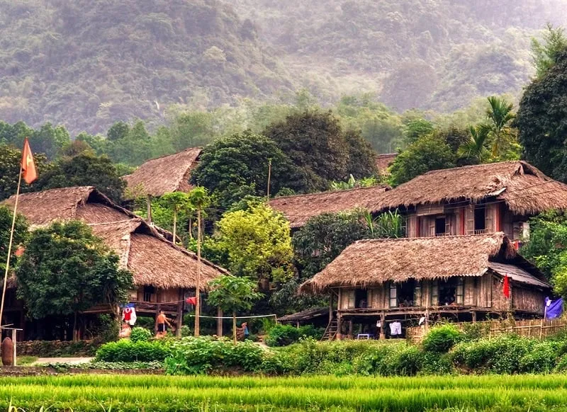 alt text:  Một góc bản Lác Mai Châu với những ngôi nhà sàn san sát nhau