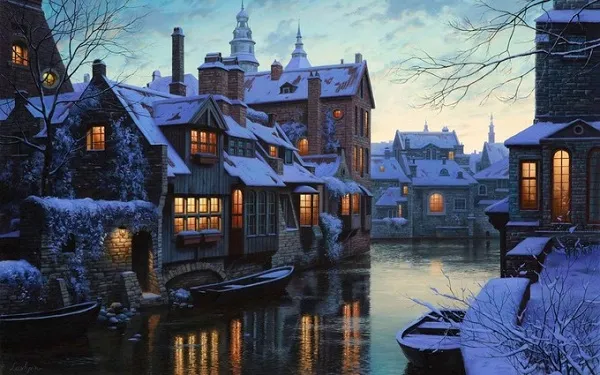 alt text: Thành phố Bruges, Bỉ, với những kênh đào uốn lượn, những cây cầu cổ kính và những ngôi nhà gạch đỏ đặc trưng. Không khí Giáng sinh tràn ngập khắp nơi với những ánh đèn lung linh và những cây thông Noel được trang trí rực rỡ.