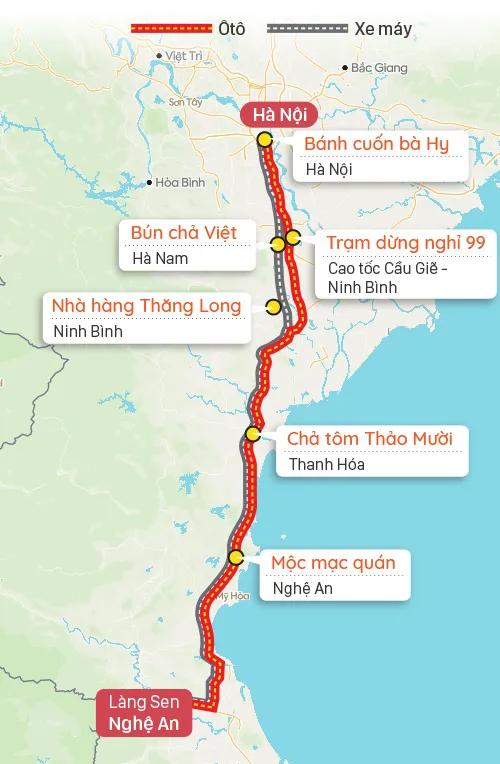 Bản đồ điểm dừng chân gợi ý trên đường từ Hà Nội đi làng Sen, Nghệ An. Ảnh: Tạ Lư.