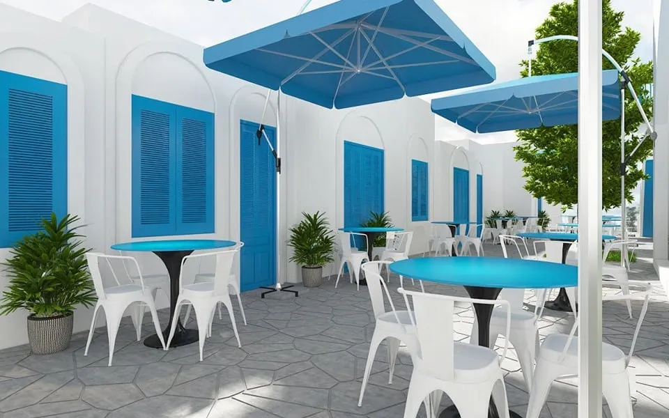 Bàn ghế trắng xanh tại Santorini Coffee