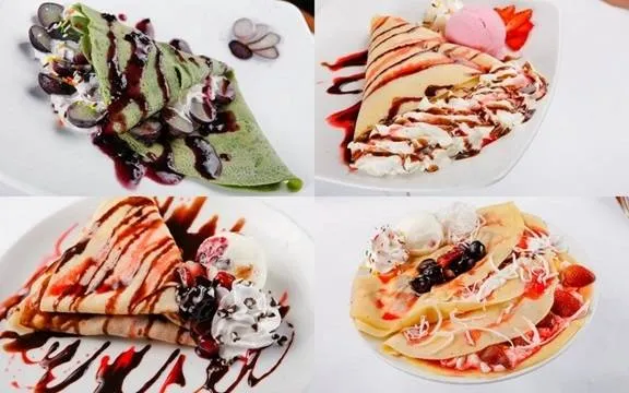 Bánh crepe với nhiều loại topping hấp dẫn như kem, trái cây, mứt... (Ảnh: Internet)