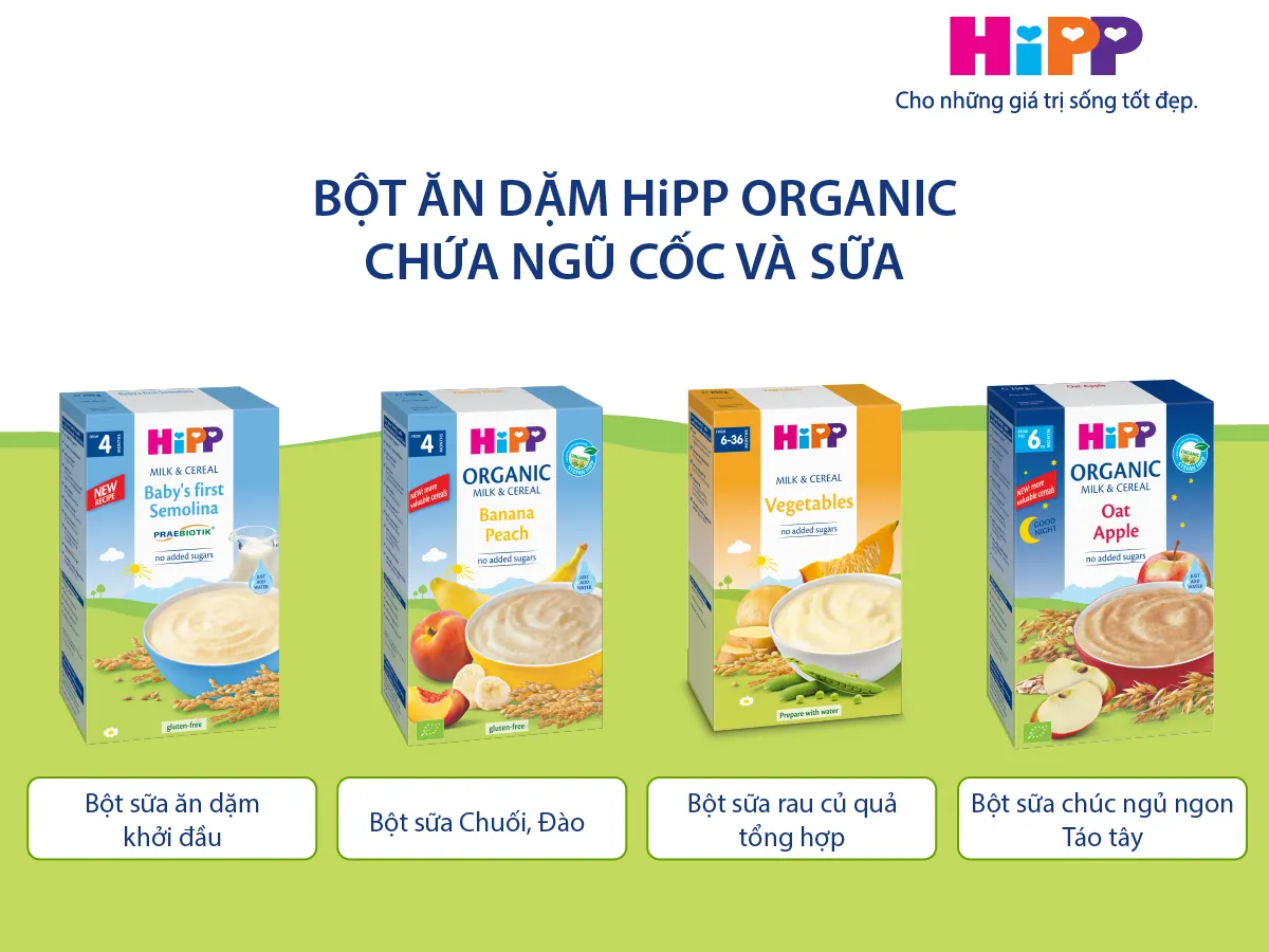 Bột ăn dặm Hipp có nhiều vị cho bé lựa chọn