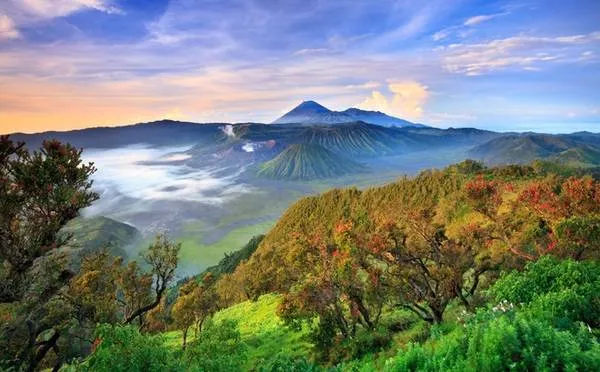 Bromo Tengger Semeru: Khung cảnh bình minh hùng vĩ trên đỉnh Bromo với những cột khói trắng bốc lên từ miệng núi lửa, tạo nên một cảnh tượng thiên nhiên đầy ấn tượng.