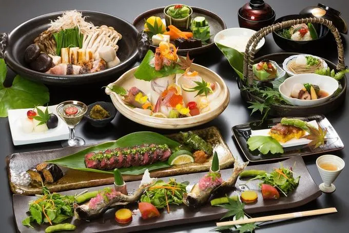 Bữa trưa hoặc tối của người Nhật với nhiều món nhưng khẩu phần nhỏ, được trình bày tinh tế.