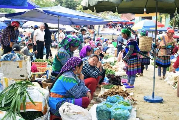 Cảnh nhộn nhịp tại chợ phiên Bắc Hà vào chủ nhật hàng tuần. Du khách có thể trải nghiệm văn hóa địa phương và mua sắm đặc sản vùng cao.
