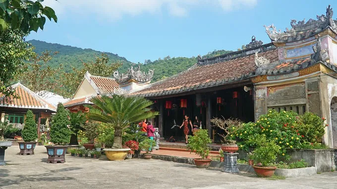 Chùa Hải Tạng nhìn ra cánh đồng lúa, mái lợp ngói âm dương.