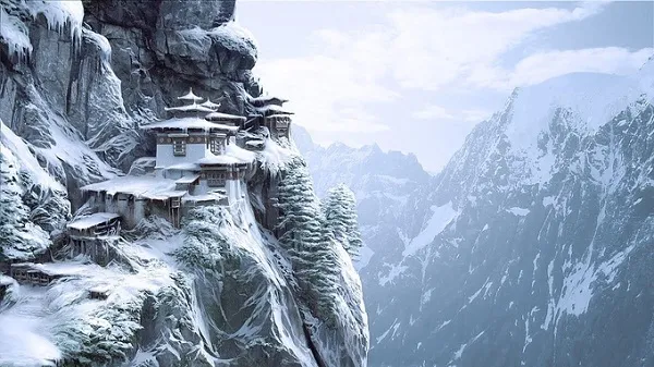 Con đường lên tu viện Tiger's Nest phủ đầy tuyết trắng.