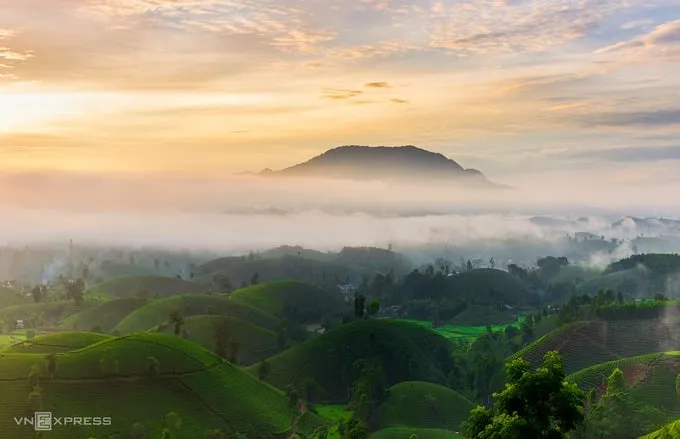 Đứng trên đỉnh đồi chè Long Cốc, du khách có thể phóng tầm mắt ngắm nhìn toàn cảnh thiên nhiên hùng vĩ.