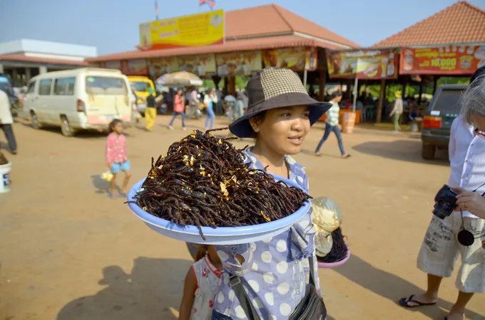 Hình ảnh món nhện chiên giòn, đặc sản Campuchia. Alt: Nhện độc Tarantula chiên giòn, một món ăn đặc sản &quot;kinh dị&quot; của Campuchia.