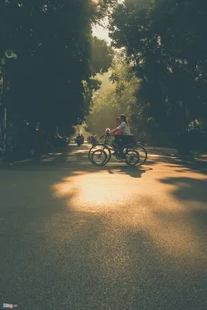 Học sinh đạp xe tới lớp trong nắng mới.