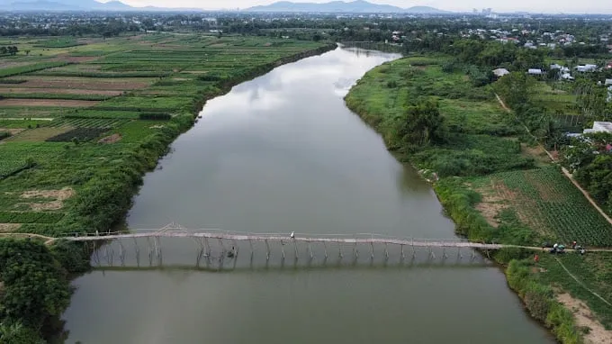 Người dân đi lại trên cầu tre Cẩm Đồng