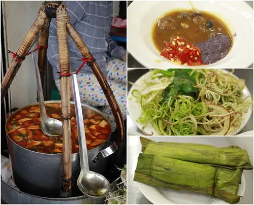 Nước dùng màu vàng, nêm nếm vừa ăn, rau đã trụng sẵn và chả cây ăn kèm.