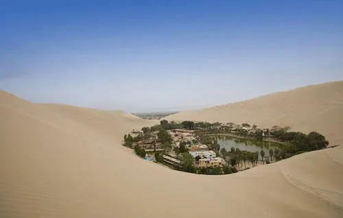 Ốc đảo Huacachina, Peru với hồ nước xanh và cây cối tươi tốt giữa sa mạc