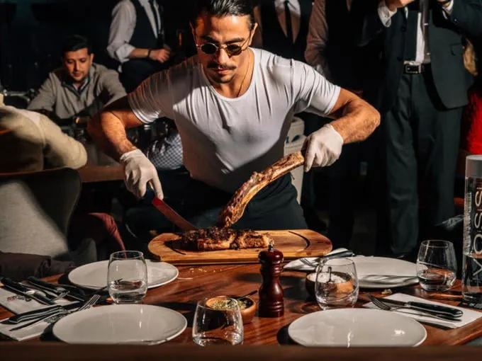 Salt Bae đang trình diễn kỹ năng cắt thịt điêu luyện tại bàn cho thực khách.