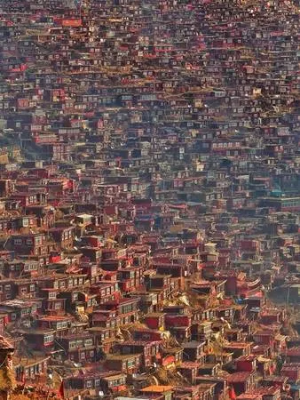 Sương sớm bao phủ Larung Gar, tạo nên khung cảnh huyền ảo, thơ mộng.