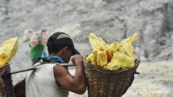 Thợ mỏ gánh lưu huỳnh trên vai