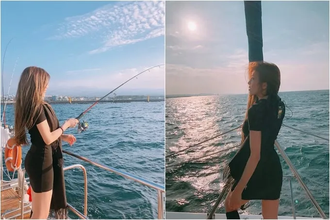 Trang Pháp tận hưởng khoảnh khắc yên bình trên du thuyền ngắm hoàng hôn ở đảo Jeju.